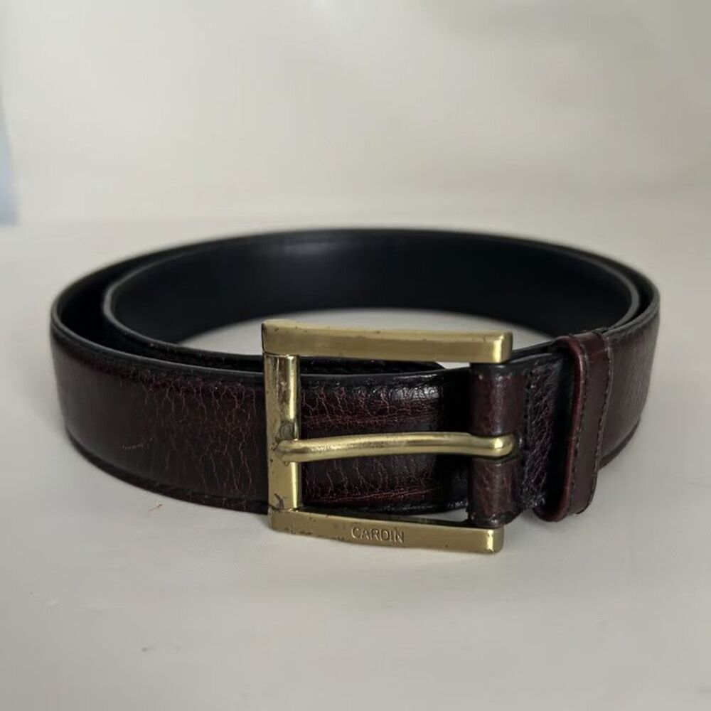 Pierre Cardin Mens Belt Full Grain Leather Brown Burgundy Size 32 Brass Buckle